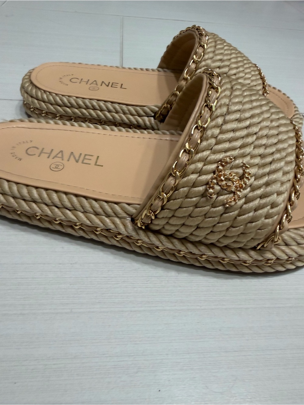 Chanel Beige Braided Espadrille Slide Sandals with Gold Chain